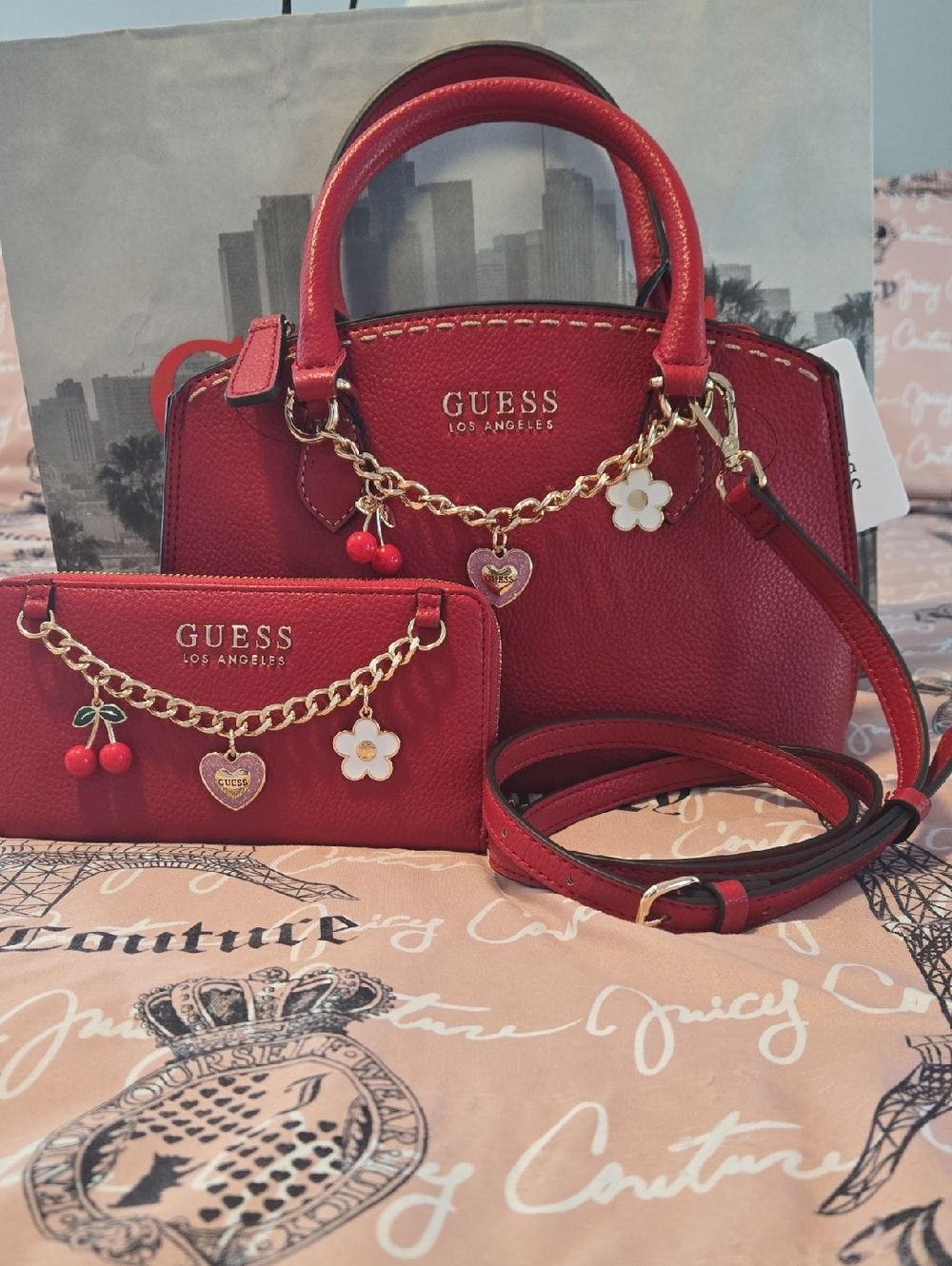 NWT Guess Lynne Charm Leather Satchel & Matching Wallet In Chili PRICE FIRM